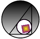 3-4-5 Trekant, med indre cirkel med areal pi og ydre cirkel med radius 2,5
